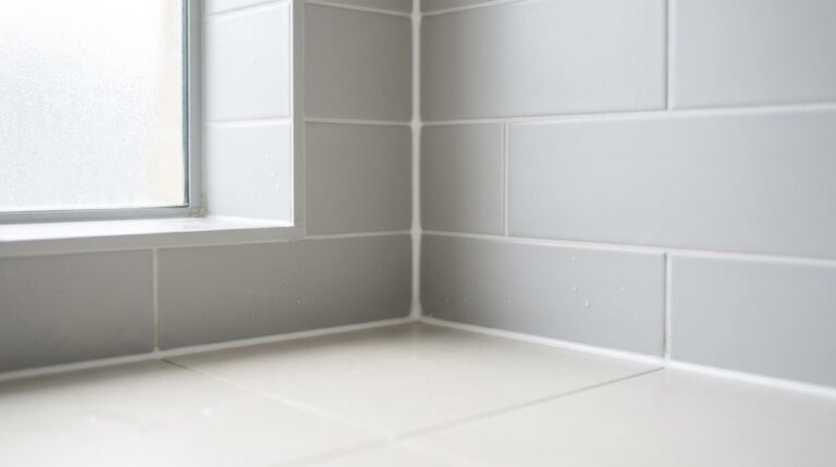 Fresh silicone and grout in the corner of a tiled shower after a shower reseal
