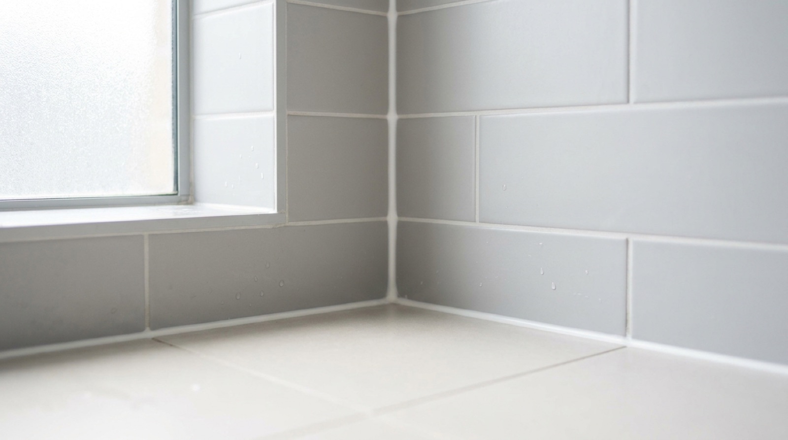 Fresh silicone and grout in the corner of a tiled shower after a shower reseal